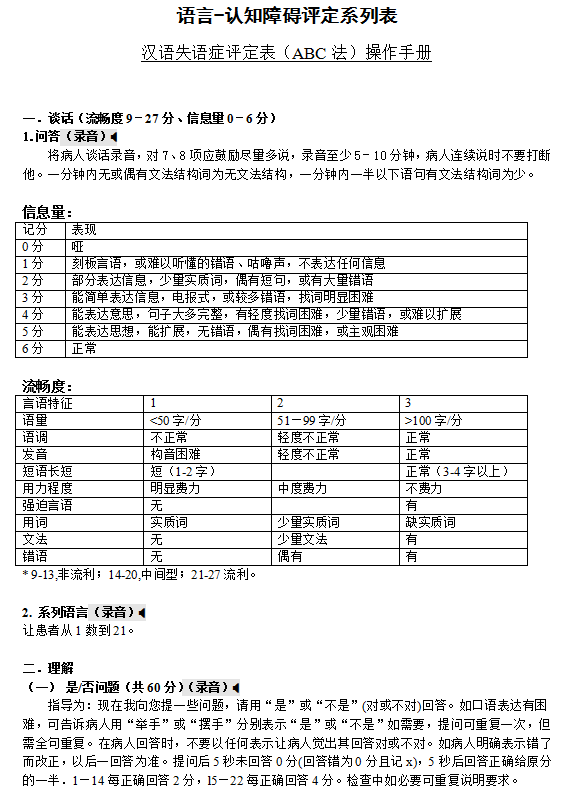 语言-认知障碍评定系列表 汉语失语症评定表（ABC法）操作手册