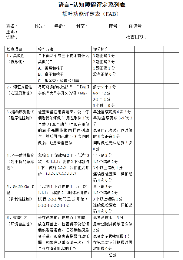 额叶功能评定表（FAB）